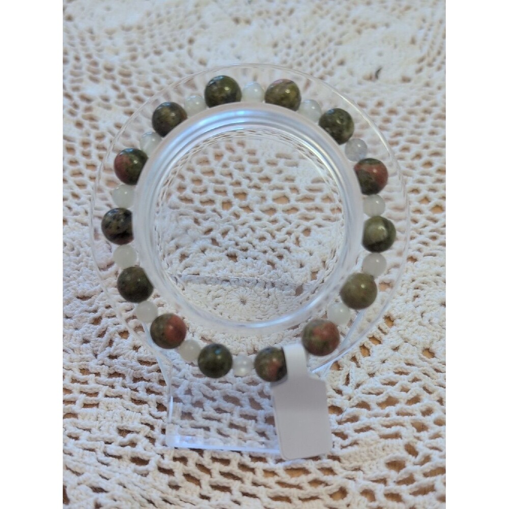 Handcrafted Natural Gemstone Unakite Moonstone Stretch Bracelet, Alaska 7"